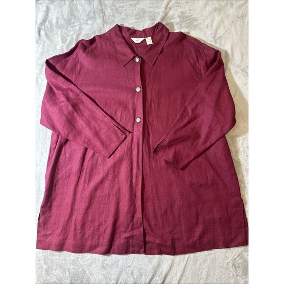Women’s J.Jill Vintage Tunic Top 3 Buttons Deep Splits Maroon 100% Linen Plus 22 - Picture 3 of 14